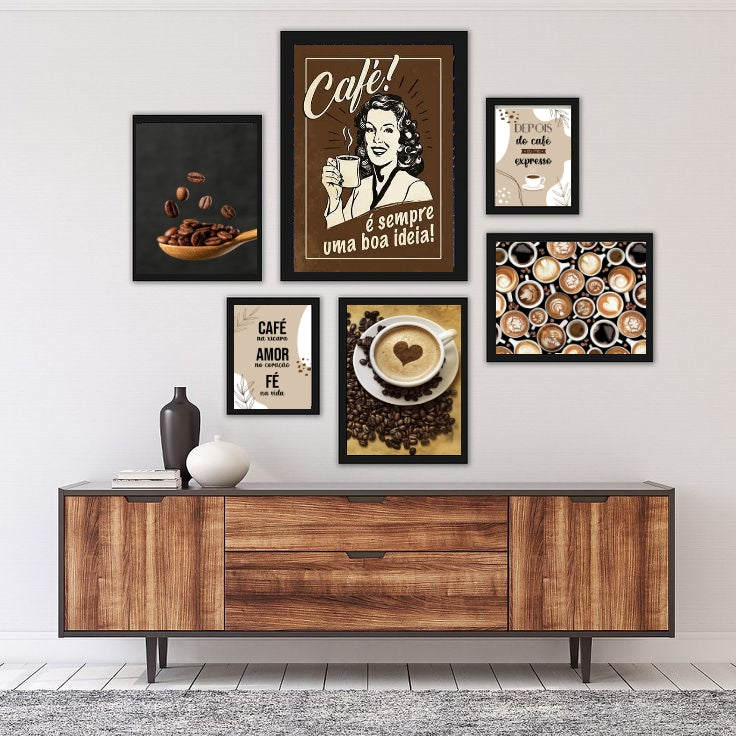 Kit Composição 6 Quadros Decorativos Temáticos Café