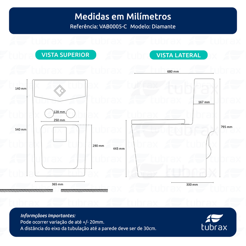 Vaso Sanitário Monobloco Completo - Caixa Acoplada Privada modelo Diamante Tubrax