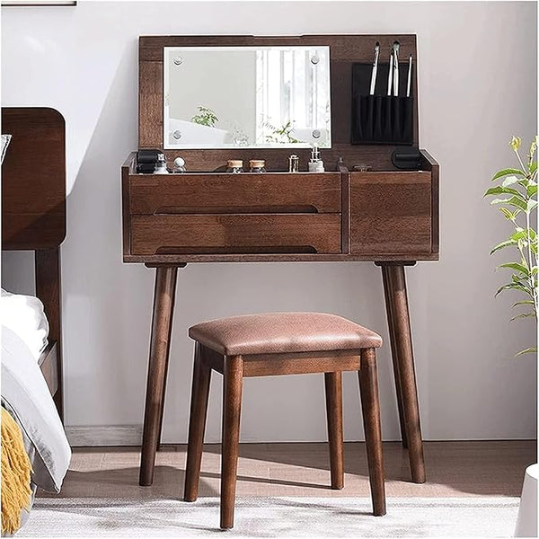 Penteadeiras Mesa penteadeira moderna com penteadeira espelho flip simples mesa de cabeceira de madeira maciça conjunto de mesa penteadeira para quarto Design Elegante