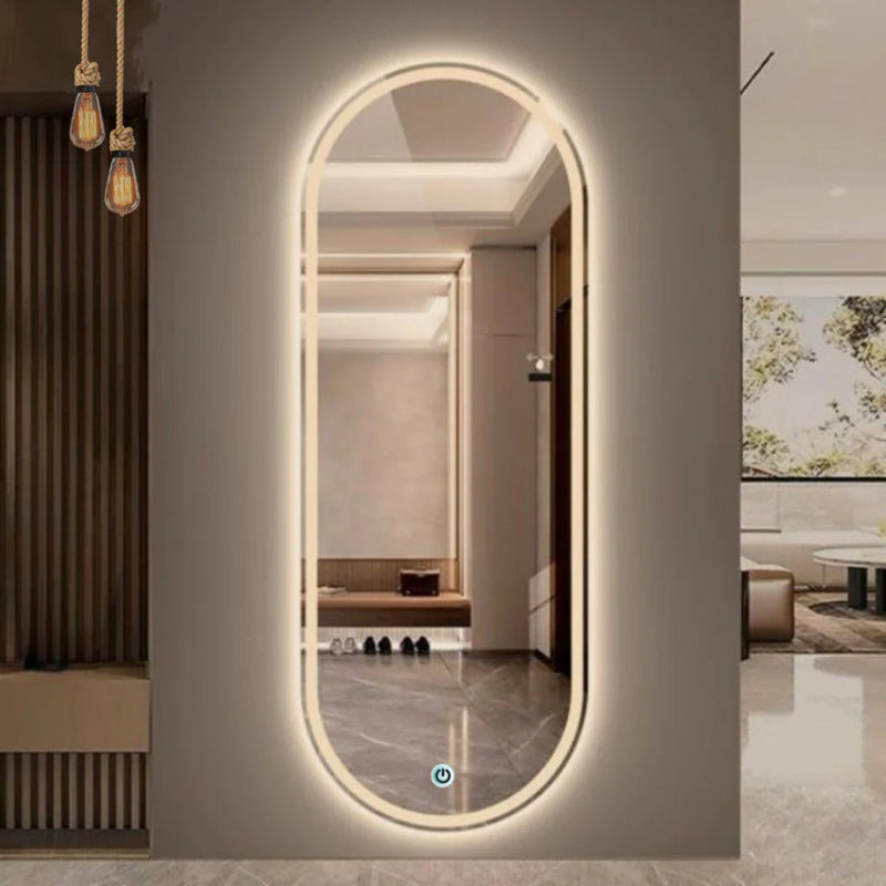 Espelho Oval Gigante 120x60 Corpo Inteiro LED Touch Jateado Na Borda Com Iluminação Decoração Chique