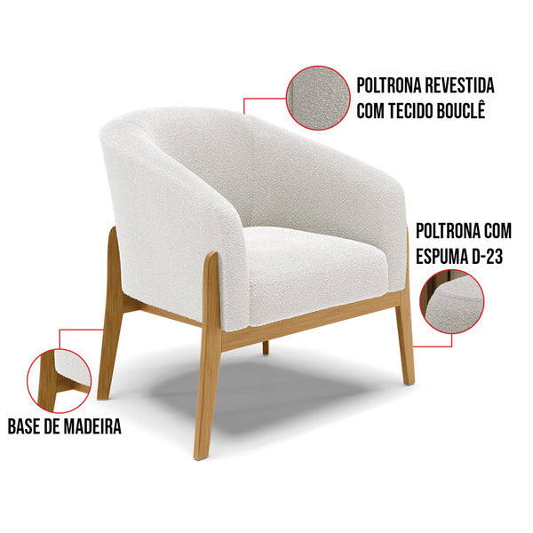 Poltrona Decorativa Base Madeira Kit 2 Stella Bouclê Off White D03 - D'rossi